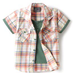 Dapper Dudes Half Sleeves Checked Shirt With Attached Tee - Peach-image-79