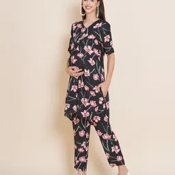 Mine4Nine Rayon Woven Half Sleeves Floral Printed Coordinating Maternity Kurta With Nursing Access & Pant Set - Black-picture-5