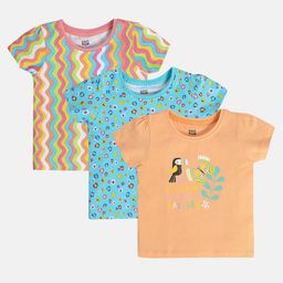 MINI KLUB Cotton Knit Pack Of 3 Half Sleeves Abstract & Bird Printed Tees - Multi Colour-image-11