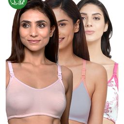 Inner Sense Organic Cotton Knit Pack Of 3 Solid & Floral Printed Antimicrobial Maternity Bras With Nursing Access - Multi Colour-picture-35