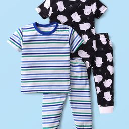Kidi Wav Pack Of 2 Half Sleeves Striped & Ghost Printed Tees & Coordinating Joggers Set - Multi Colour-image-52