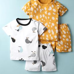 Kidi Wav Pack Of 2 Half Sleeves Birds & Abstract Printed Coordinating Tees & Shorts Set - Multi Colour-image-93