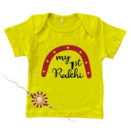 Kadam Baby Cotton Knit Raksha Bandhan Theme Half Sleeves My 1st Rakhi Text Printed Tee With Rakhi - Yellow-image-25