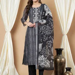 all about you Women Floral Embroidered Regular Chanderi Cotton Kurta with Trousers & With Dupatta-17