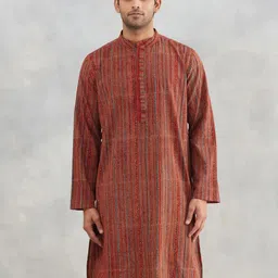 Fabindia Striped Band Collar Straight Cotton Kurta-image-92