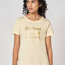 Ajile by Pantaloons Women Typography Printed Round Neck Cotton T-Shirt-image-39
