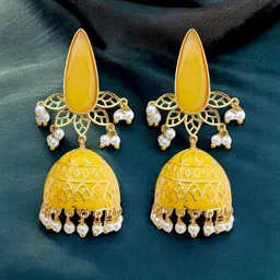 TISHUL JEWELS Gold-Plated Artificial Stones Studded And Beaded Dome Shaped Jhumkas-image-83