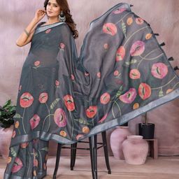 DIVASTRI Floral Zari Linen Blend Jamdani Saree-picture-14