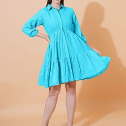 ARV TRENDS Women Self Design Shirt Collar Puff Sleeves Fit & Flare Dress-image-74