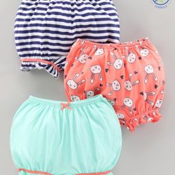 Babyoye Cotton Bloomers Bunny Print Pack of 3 - Coral Sea Green Navy Blue-image-65