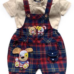 Dapper Dudes Half Sleeves Tee With Checked & Animal Patch Dungaree - Beige-image-85