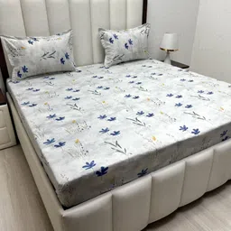 Pure Decor Ruby Blue Floral Printed Pure Cotton 250 TC King Bedsheet Set 2.74m X 2.74m-1