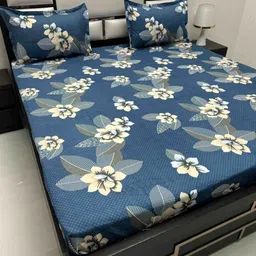 Pure Decor Blue & White Floral 200 TC Queen Bedsheet with 2 Pillow Covers-image-91