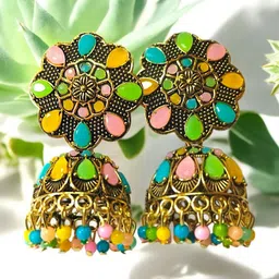 M55 Gold-Plated Artificial Stones Studded And Beaded Dome Shaped Jhumkas-28