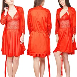 PHALIN Solid Satin Nighty and Robe Set - Red (Size - Free )-image-61
