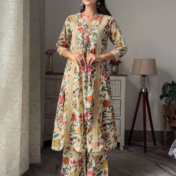 Janasya Floral Printed Panelled Gotta Patti Pure Cotton A-Line Kurta With Palazzos-picture-17