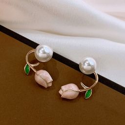 PolluxCraft Gold Plated Pearls Studded Floral Korean Studs Earrings-image-77