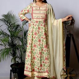 EKISHA Floral Printed Mirror Work Notch Neck Pure Cotton Kurta with Trouser & Dupatta-image-40