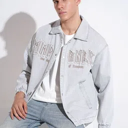 SHOWOFF Men Typography Lightweight Outdoor Denim Jacket with Embroidered-picture-33