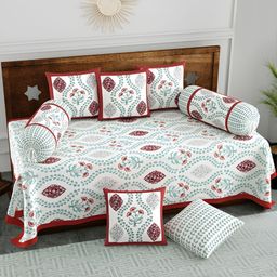 BLOCKS OF INDIA White & Green 8 Pieces Ethnic Motifs Printed Pure Cotton Diwan Set-11