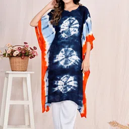 LYFJ Women Dyed Flared Sleeves Thread Work Asymmetric Crepe Kaftan Kurta-picture-19