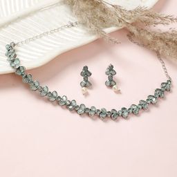 VIVAZS Brass-Plated Stone Studded Oxidized Jewellery Set-image-9