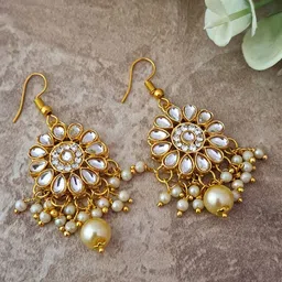 MERYCRAFT Gold Plated Kundan Stones Studded & Beaded Floral Drop Earrings-10