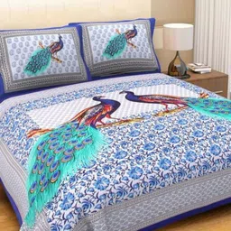 Aura White & Blue Floral Pure Cotton 144 TC Queen Bedsheet Set 2.1m x 2.3m-image-83