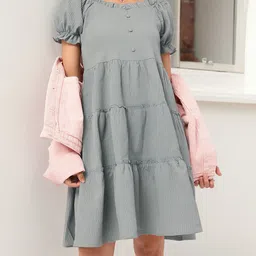 DressBerry Textured Play Tiered Fit & Flare Dress-image-79