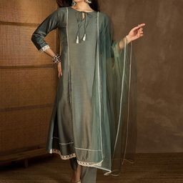 Inddus Women Floral Embroidered Panelled Thread Work Kurta with Trousers & With Dupatta-45