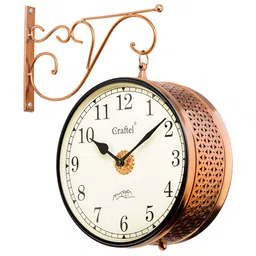 CRAFTEL Rose Gold-Toned Railway Station Textured Analogue Metal Round Vintage Wall Clock-2