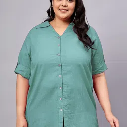 Indietoga Women Solid Roll-Up Sleeves Cotton Shirt Style Longline Top-image-85