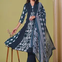 KALINI Ethnic Motifs Printed V-Neck A-Line Kurta With Trousers And Dupatta-image-19