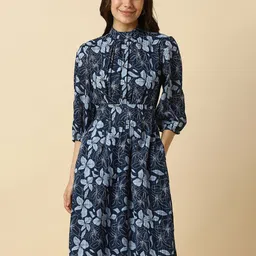 Allen Solly Woman Floral Printed High Neck Puff Sleeves Fit & Flare Dress-picture-1