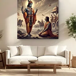 999Store Brown & Orange Colored Krishna Arjuna Printed Canvas Wall Art-image-14