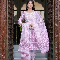 JAIPURI COLLECTION Women Geometric Printed Cotton Kurta with Trousers & Dupatta-picture-16