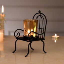 TAYHAA Black & Gold Toned Chair Textured Metal Candle Holder With Glass-image-27