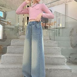 LULU & SKY Girls Wide Leg High-Rise Mildly Distressed Light Fade Jeans-picture-10