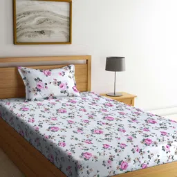 Myntra Elegant Homes White & Pink Floral Printed 300 TC Single Bedsheet Set-2.25 mX1.5 m-image-1