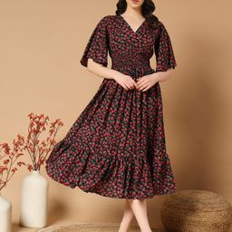 ZWERLON Women Floral Printed Flared Sleeve Fit and Flare Midi Dress-image-54