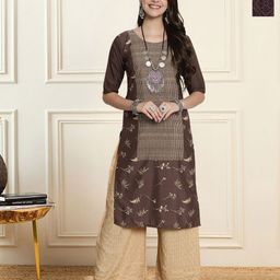 HERE&NOW Selection Of 2 Floral Printed Round Neck Straight Kurtas-picture-26