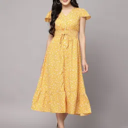 BAESD Women Floral Printed V-neck Puff Sleeve A-Line Midi Dress-image-4