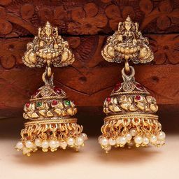 KARATCART Gold-Plated Beaded Laxmi Mata Design Jhumkas-57