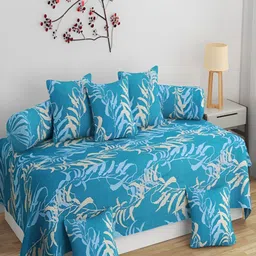 Aura Blue & Beige 8 Pieces Floral Printed 160 TC Diwan Set-picture-12