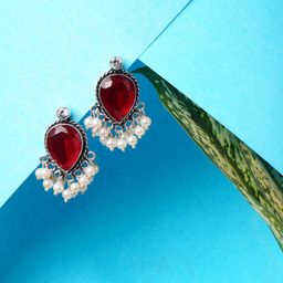 Bamboo Tree Jewels Artificial Stones Studded & Beaded Oxidised Oval Shaped Studs-image-95