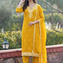 Colors of Earth Floral Embroidered Thread Work Pure Cotton Kurta with Trousers & Dupatta-17