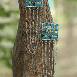 Sangria Silver-Plated Stones Studded Geometric Shaped Oxidized Drop Earrings-25
