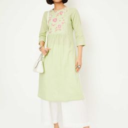 max Ethnic Thread Work Pleated Round Neck Pure Cotton A-Line Kurta-image-43