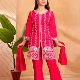 BAESD Girls Floral Embroidered Regular Pure Silk Kurta with Trousers & With Dupatta-image-38