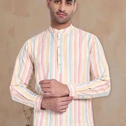 Tesmare Striped Band Collar Roll-Up Sleeves Pure Cotton Straight Short Kurtas-picture-53